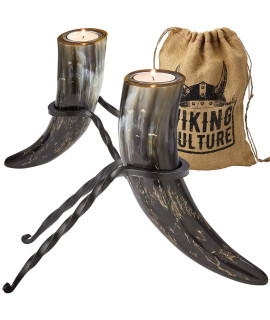 Viking culture Horn Tealight candle Holder Set with Wrought Iron Stands, Rustic Home Decor for Modern, Vintage or Farmhouse Styles, Vintage Burlap Storage Bag