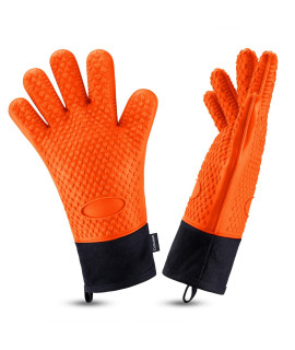 comsmart BBQ gloves, Heat Resistant Silicone grilling gloves, Long Waterproof BBQ Kitchen Oven Mitts with Inner cotton Layer for Barbecue, cooking, Baking, Smoker(Orange)