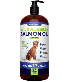 PetHonesty Wild Alaskan Salmon Oil for Dogs - Omega-3 for Dogs - Pet Liquid Food Supplement - EPA + DHA Fatty Acids, May Reduce Shedding & Itching - Supports Joints, Brain & Heart Health - 32oz