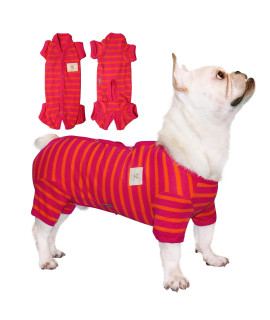 TONY HOBY FemaleMale Dog Pajamas, Dog Jumpsuit 4 Legged Pajamas with Stripes, Soft cotton Dog Onesies for comfortable Sleep (Rose Red&Orange, Boy, S)