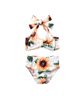 Aalizzwell Baby Girl Bathing Suit, Toddler Girls Two Piece Sunflower Swimsuit Halter Top Bikini Bottoms Swimming Suit (White, 3T-4T)
