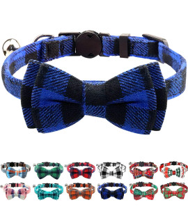 Joytale Updated Breakaway Cat Collar with Cute Bow Tie and Bell, Plaid Patterns, 1 Pack Girl Boy Kitty Safety Collars, Blue