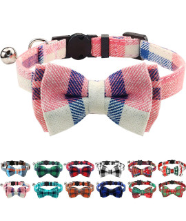 Joytale Updated Breakaway Cat Collar with Cute Bow Tie and Bell, Plaid Patterns, 1 Pack Girl Boy Kitty Safety Collars, Pink