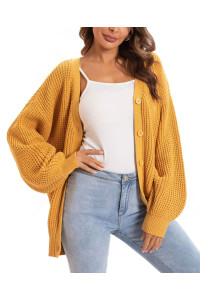QUALFORT Womens Mustard cardigan Sweater 100 cotton Button-Down Long Sleeve Oversized Knit cardigans Mustard Large