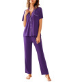 Avidlove Women Pajamas Set Notch Collar Soft Sleepwear Pjs Short Sleeve Button Down Nightwear With Long Pants A-Purple