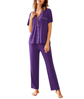 Avidlove Women Pajamas Set Notch Collar Soft Sleepwear Pjs Short Sleeve Button Down Nightwear With Long Pants A-Purple