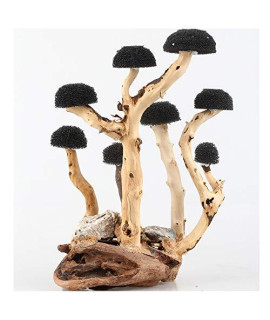 crapelles Moss Driftwood Tree Mushroom Topiary Frame Aquarium Decoration Help Balance Water pH Levels Landscape Handmade 7-9 Natural Branches with Stone Base