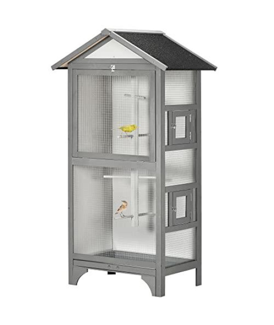 PawHut Wooden Outdoor Bird Cage, Featuring a Large Play House with Removable Bottom Tray 4 Perch, Light Gray