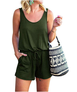 KIRUNDO 2023 Womens casual Summer Sleeveless Jumpsuits crewneck Tie Waist Tank Top Short Romper Pajama with Pockets(Medium, Army green)