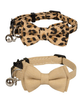 Gyapet Collar For Cats Pets Breakaway With Bell Bowtie Floral Bow Detachable Adjustable Safety Puppy 2Pcs Beige Leopard Pure
