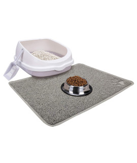 Cat Open Top Litter Box with Lid, Cat Litter Mat, Poop Lifter Scoop & Kitten Kitty Stainless Steel Feeding Dish Bowl, Cat Starter Kit 4 Pack for Small cat Within 5 Months (Grey-One Entry)