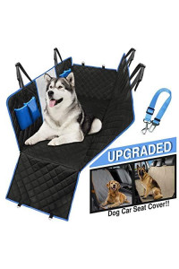 Dog Car Seat Cover Waterproof Hammock protects all back-seat area. Mesh Viewing Window, 4 Storage Pockets, Zipper Side Flaps to protect side doors. BONUS Seat Belt Leash, ideal for Cars, SUVs & Trucks