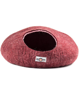 Yeti Pet Cave Pet Bed for Cats and Small Dogs, 100% New Zealand Wool, Burgundy