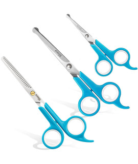 BOSHEL 3 Pc Dog grooming Scissors Kit - 7 Scissor For Body Hair Trimming, 6 Small Micro-serrated Scissor For Face, Ear, & Paws, Thinning Shears For Dogs - Professional Dog grooming Kit For cat & Pet