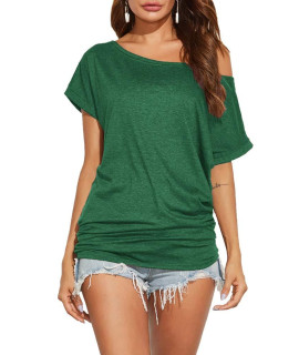 Poetsky Short Sleeve Tops For Women Boat Neck Off Shoulder Tops Casual Shirts (S, Green)