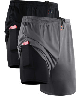 Neleus Mens 2 In 1 Running Shorts With Liner,Dry Fit Workout Shorts With Pockets,6070,2 Pack,Blackgrey,Us M,Eu L