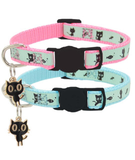 2 Pack glow in The Dark cat collar with Bell Breakaway Safety cat Puppy collars with Pendant Light Blue and Pink