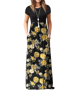 Euovmy Womens Short Sleeve Loose Floral Maxi Dresses Casual Long Dresses With Pockets Flower Yellow Black Xx-Large