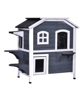 PawHut Wooden 2-Story Indoor or Outdoor Cat House with Escape Door, Cat Shelter Kitten Condo Furniture, Openable Asphalt Roof and 4 Platforms, Grey