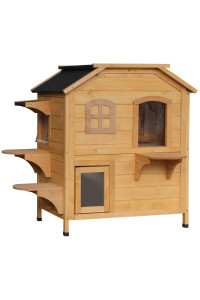PawHut Wooden 2-Story Indoor or Outdoor Cat House with Escape Door, Cat Shelter Kitten Condo Furniture, Openable Asphalt Roof and 4 Platforms, Natural