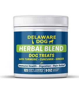 Delaware Dog Herbal Blend Dog Treats - Natural Pain & Arthritis Relief, Mobility, Digestion & Heart Health - Turmeric, Curcumin & Ginger - No Chemicals or Additives - Made in USA 120 Count