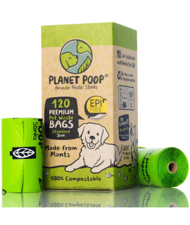 Planet Poop Home Compostable Dog Poo Bags On Refill Rolls, 120 Un-Scented Pet Waste Bags, Thick Leakproof Plant-Based Doggy Bag, Cat Dogs Supplies
