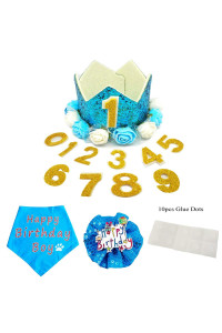 Pet Show Blue Crown Dog Birthday Party Hat With Bandana And Collar Bows Charms Costume Set Reusable Birthday Party Headband Puppies Cat Kitten Hats With 0-9 Figures Charms Grooming Accessories