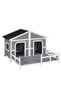 PawHut 59? L x 63.5? W x 39.25? H Wood Large Dog House Cabin Style Elevated Pet Shelter w/Porch Deck Grey