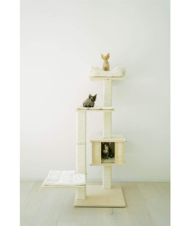 PAWMONA Multi-Level Cat Tree Bed Condo, 60", Indoor Cat Tower with Square-Shaped Scratching Posts for Cats and Kittens, 4 Beds, 1 Covered, Made from Natural Birch Wood and Natural Sisal Matting, Cream