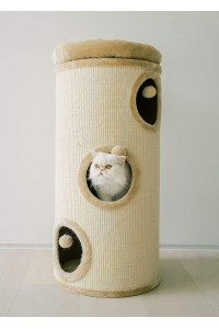 PAWMONA 3 Story Cat Tree Condo Barrel Tower, 38.5", Top High Edge Removable Snuggle Bed with Scratching Post for Cats and Kittens, Natural Sisal-Covered Scratch Indoor Cat Furniture, Beige