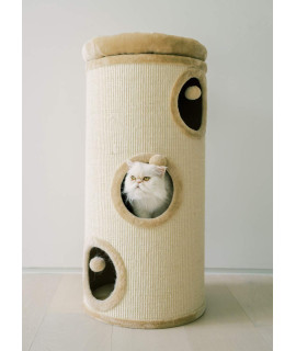 PAWMONA 3 Story Cat Tree Condo Barrel Tower, 38.5", Top High Edge Removable Snuggle Bed with Scratching Post for Cats and Kittens, Natural Sisal-Covered Scratch Indoor Cat Furniture, Beige