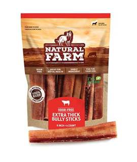 Natural Farm Jumbo Bully Sticks, Odor Free, 6-Inch (4-Pack), Extra-Thick Dog Chews - Fully Digestible 100% Beef Treats, Supports Dental Health, Keep Your Dog Busy with 50% Longer Lasting Chews