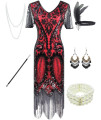 Fancy Clothing Womens 1920S Gatsby Inspired Sequin Beads Long Fringe Flapper Dress Waccessories Set (Medium, Style09-Black&Red)