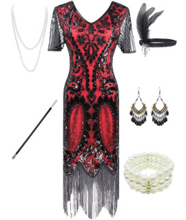 Fancy Clothing Womens 1920S Gatsby Inspired Sequin Beads Long Fringe Flapper Dress Waccessories Set (Medium, Style09-Black&Red)