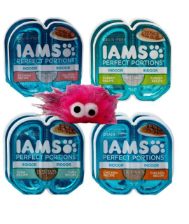 Iams Perfect Portions Grain Free Pate and Cuts in Gravy Indoor Cat Food 4 Flavor 8 Can Sampler, (2) Each: Tuna, Chicken, Salmon, Turkey - 2.6 Ounces (8 Cans Total) with Catnip Toy Bundle