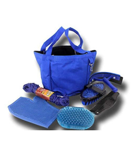 Royal Blue 7 Piece Grooming Kit w/Tote Bag Horse Tack Equine