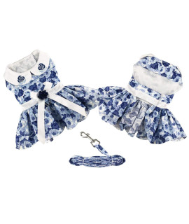 DOGGIE DESIGN Blue Rose Dog Harness Dress with Matching Leash (Small)