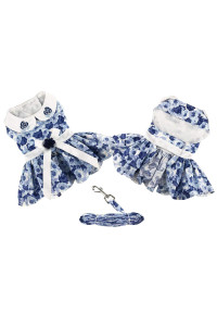 DOGGIE DESIGN Blue Rose Dog Harness Dress with Matching Leash (X-Small)