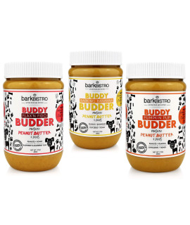 BUDDY BUDDER Bark Bistro Company, Flax'n Fido + Barkin' Banana + Pumpkin Pup, Dog Peanut Butter, Healthy Dog Treats - Made in USA (Set of 3 / 16oz Jars)