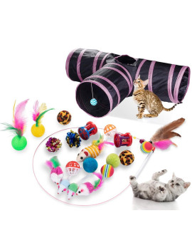 Dono 21Pcs Cats Feather Toys-Kitten Interactive Pet Toys Assortments (2 or 3 Way Hole Tunnel) Cat Feather Wand Fun Ball Chew Sticks, Fluffy Mouse, Fake Mice, Crinkle Balls, Bell Play Supplies