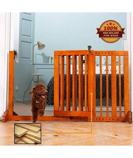 Simply Plus Dog gate with Door Walk Through Adjustable Freestanding Wooden Pet Gate Step Over Fence for Small to Medium Sized Pets Dogs,46-67inches Wide 27inches Tall Size M