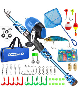 ODDSPRO Kids Fishing Pole - Kids Fishing Starter Kit - with Tackle Box, Reel, Practice Plug, Beginners guide and Travel Bag for Boys, girls