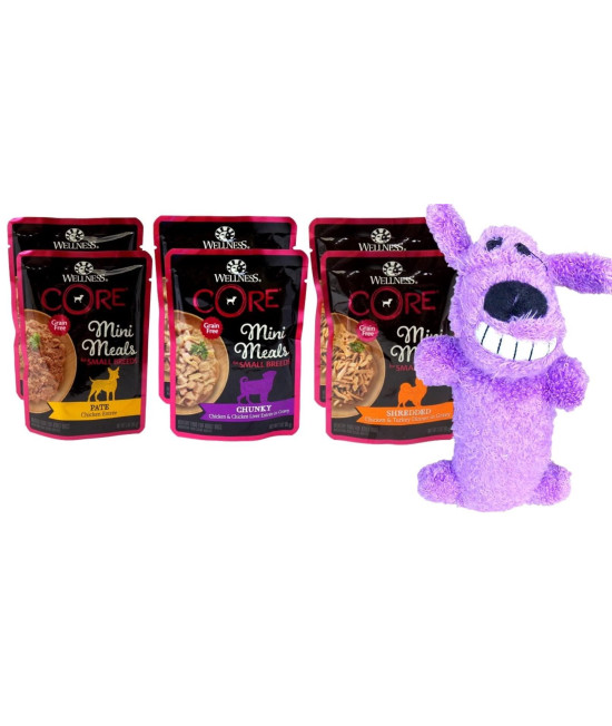Wellness CORE Mini Meals Grain Free Small Breed Dog Wet Food 3 Flavor 6 Pouch Sampler, 2 Each: Chicken Pate, Chunky Chicken and Liver, Shredded Chicken Turkey (3 Ounces) Plus Toy Bundle