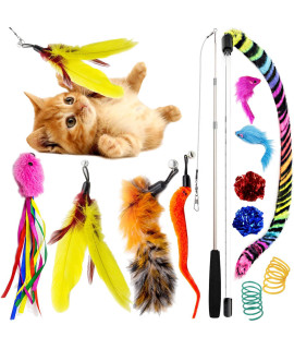 SillyPet Youngever 12 Pieces Cat Toys Teasing Feather Toy, Retractable Wand with Assorted Teaser Refills, Interactive Feather Teaser Wand Toy Bell Kitten Cat Having Fun Exerciser Playing