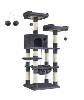 FEANDREA Cat Tree, Cat Tower for Indoor Cats, 56.3-Inch Cat Condo with Scratching Posts, Hammock, Plush Perch, Smoky Gray UPCT15GYZ