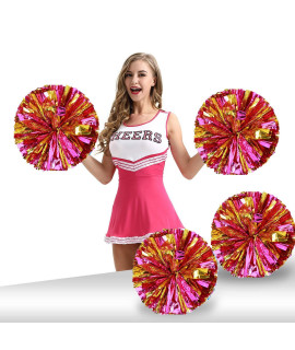 Pack of 4 cheerleading Pom Poms Foil Plastic Metallic cheerleader Pom Poms for cheer Sport Kids Adults Team Spirit cheering (Rose Redgold New)