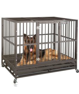 46 Inch Heavy Duty Indestructible Dog Crate Cage Kennel with Wheels, Escape Proof Dog Kennel Crate for Large Dogs, Extra Large XXL Dog Crates Indoor with Sturdy Lock, Double Door & Removable Tray