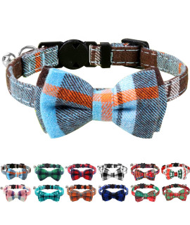 Joytale Updated Breakaway Cat Collar with Bow Tie and Bell, Cute Plaid Patterns, 1 Pack Girl Boy Kitty Safety Kitten Collars, Haze Blue