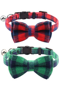 Joytale Updated Breakaway Cat Collar with Bow Tie and Bell, Cute Plaid Patterns, 2 Pack Girl Boy Kitty Safety Collars, Green+Red
