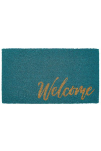 mDesign Non-Slip Rectangular coir and Rubber Entryway Welcome Doormat with Natural Fibers for Indoor or Outdoor Use - Decorative Script Design - Turquoise BlueNaturalBeige